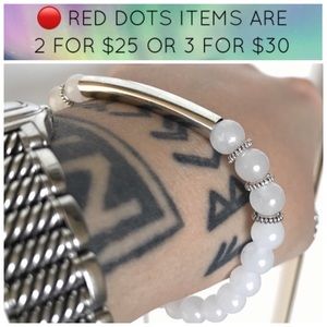🔴 white agate silver bar bead stack bracelet